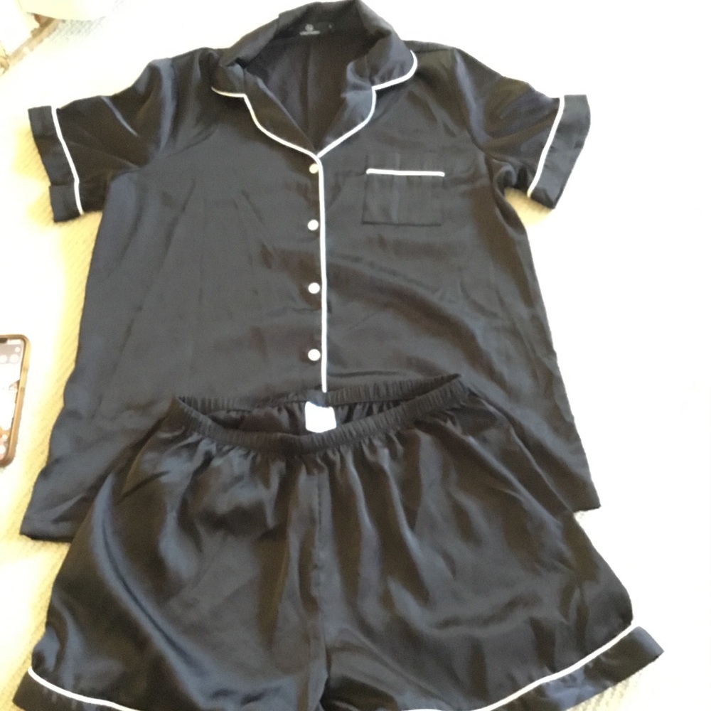 Black Satin Short-Sleeve Pajama Set with White Piping